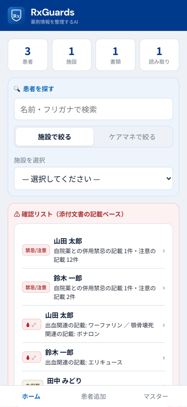 ホーム画面。確認リストに該当記載のある患者が一覧表示