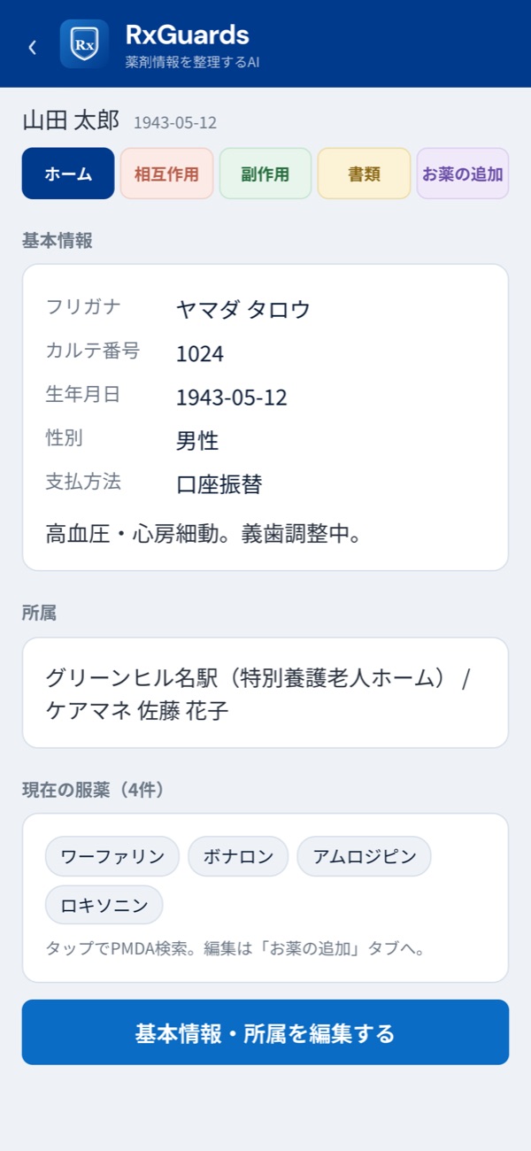 患者ホーム。基本情報・所属・現在の服薬