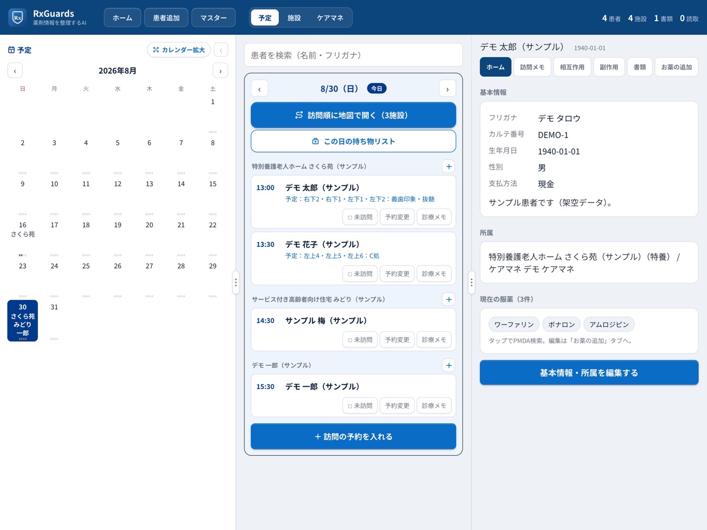 患者ホーム。基本情報・所属・現在の服薬