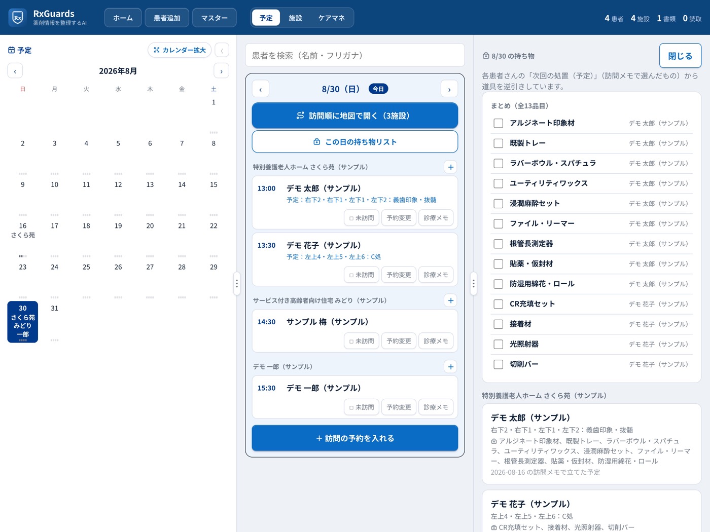 持ち物リスト。全体のまとめと患者ごとの内訳